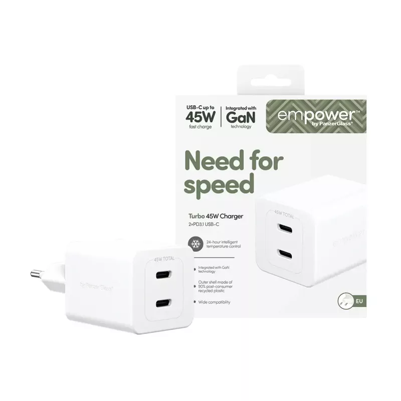 PanzerGlass empower™ by ® Turbo 45W Lādētājs 2 x USB-C | EU Kontaktdakša | Sudrabbalts