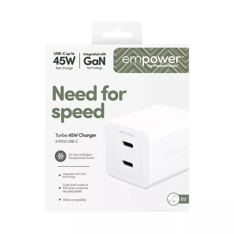 PanzerGlass empower™ by ® Turbo 45W Lādētājs 2 x USB-C | EU Kontaktdakša | Sudrabbalts
