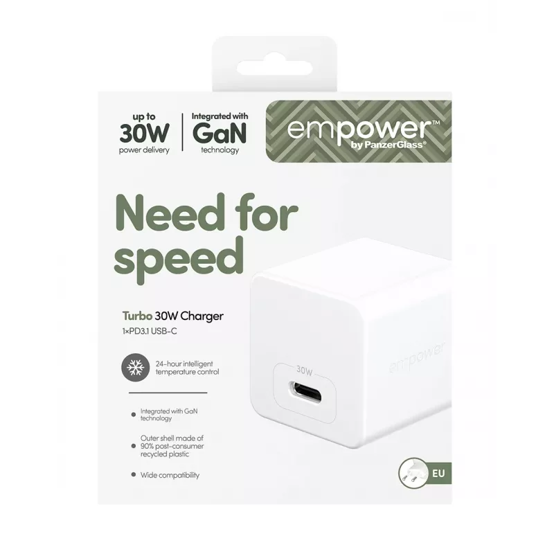 PanzerGlass empower™ Turbo 30W Lādētājs ar vienu USB-C | EU Kontaktdakša | Sudrabaini Balts