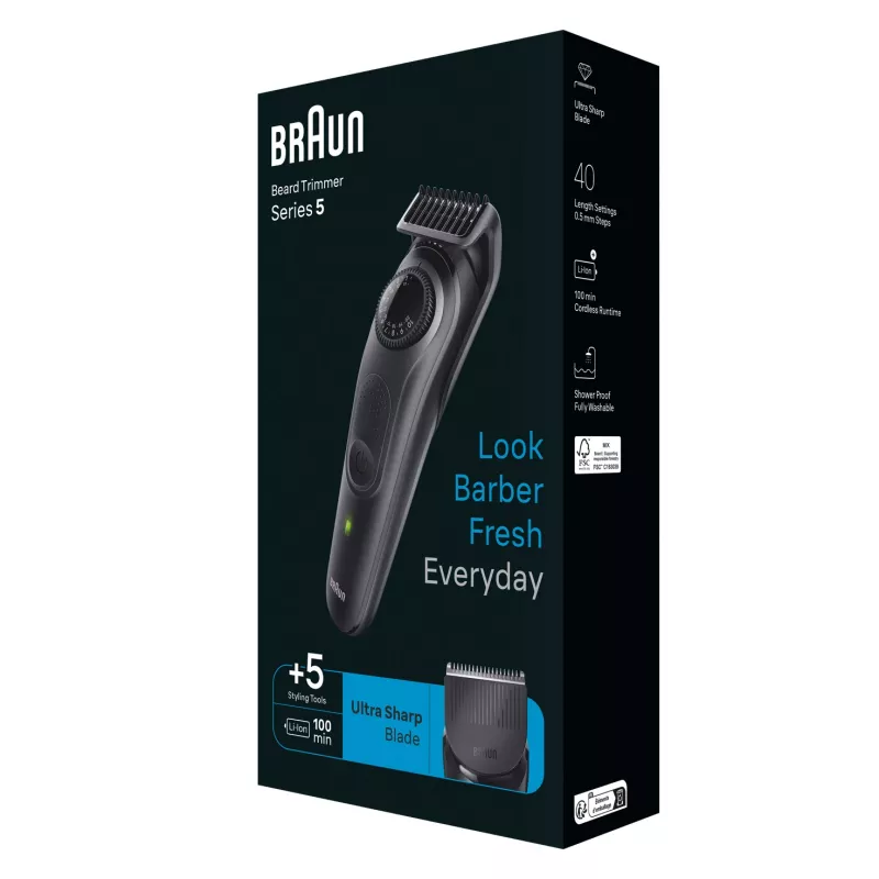 Braun BeardTrimmer 5 BT5430 bārdas trimmeris, akumulators, 40 min, 2 cm, mitrais/sausais, melns