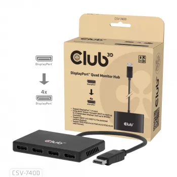 CLUB3D Quad DisplayPort Hub – 4 x 4K izšķirtspēja @ 30Hz, MST atbalsts