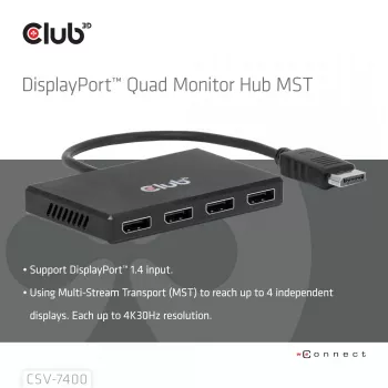 CLUB3D Quad DisplayPort Hub – 4 x 4K izšķirtspēja @ 30Hz, MST atbalsts