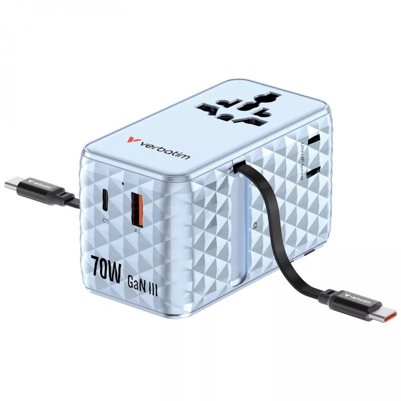 Verbatim Charge 'n' Travel 70W 2C ievelkams universāls ceļojumu adapteris zils