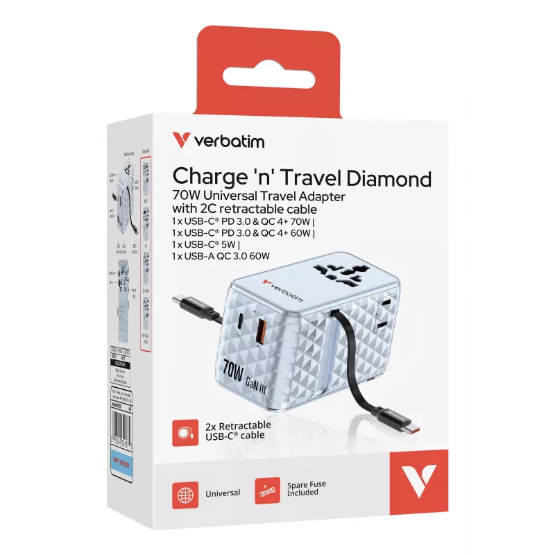 Verbatim Charge 'n' Travel 70W 2C ievelkams universāls ceļojumu adapteris zils