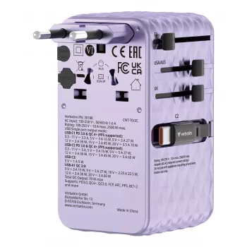 Verbatim Charge 'n' Travel 70W 2C ievelkams universāls ceļojumu lādētājs violets