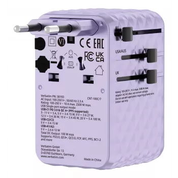 Verbatim Charge 'n' Travel 100W universāls ceļojumu adapteris ar ievelkamu kabeli Violeta