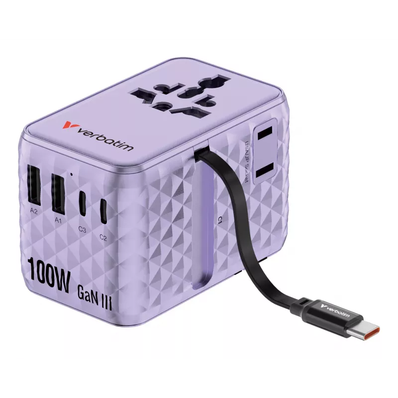 Verbatim Charge 'n' Travel 100W universāls ceļojumu adapteris ar ievelkamu kabeli Violeta