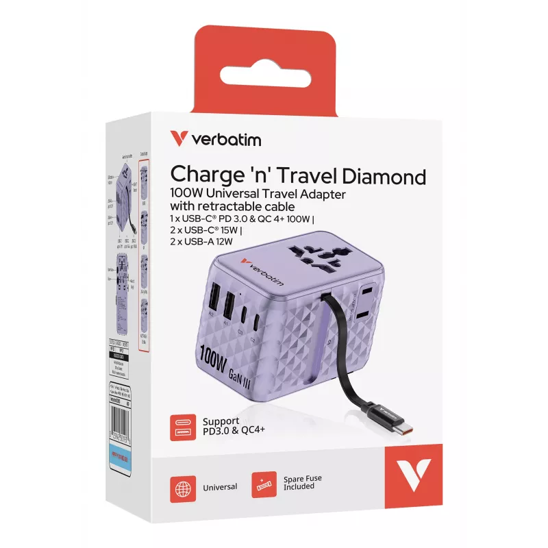 Verbatim Charge 'n' Travel 100W universāls ceļojumu adapteris ar ievelkamu kabeli Violeta
