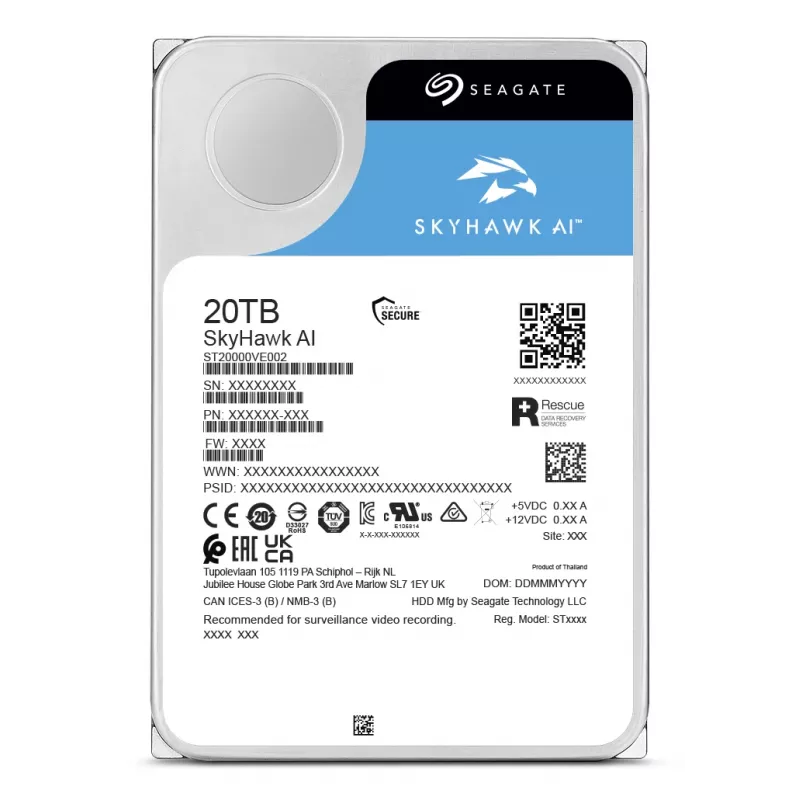 Seagate SkyHawk AI ST20000VE004 iekšējais cietais disks 20 TB 7200 RPM 512 MB 3.5 collu SATA III