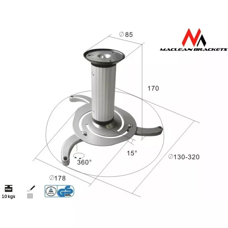 Griestu stiprinājums MACLEAN MC-515 projektoriem, regulējams augstums 80–170 mm, slodze 10 kg