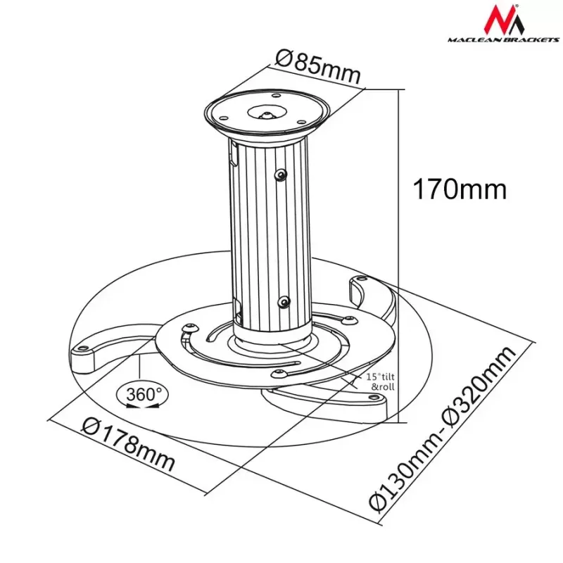 Griestu stiprinājums MACLEAN MC-515 projektoriem, regulējams augstums 80–170 mm, slodze 10 kg