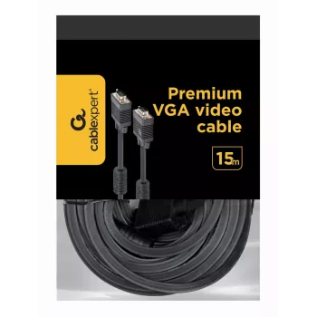 GEMBIRD Premium VGA kabelis HD15M/HD15M ar dubulto ekranējumu un 2 ferīta serdeņiem 15m - Melns