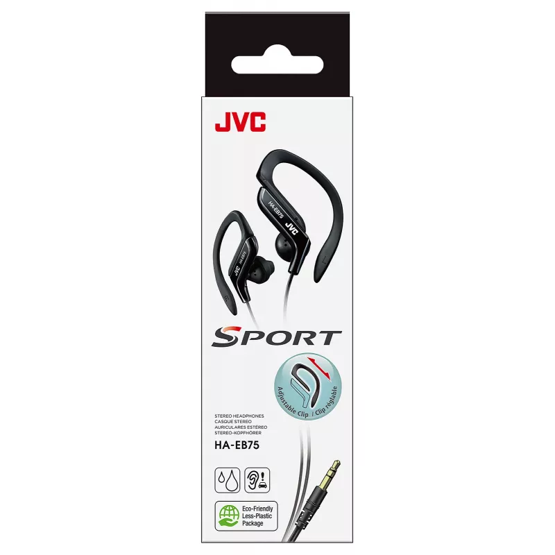 JVC HA-EB75-B-E sporta austiņas ar auss āķiem, vadu 3,5 mm, aizsargātas pret šļakatām, 16–20000 Hz, 1,2 m vads, melnas