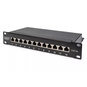 DIGITUS CAT6A 12-portu ekranēts sadales panelis, 1U, 10 inch statīva montāžai, melns RAL 9005