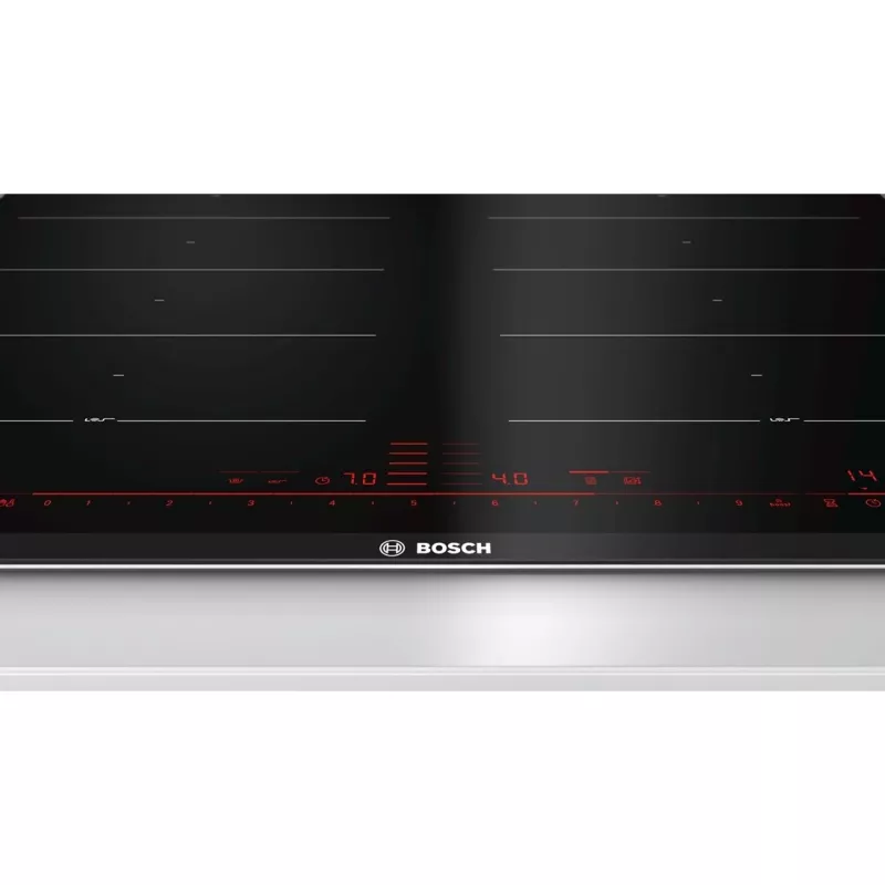 Bosch PXX675DC1E iebūvējamā indukcijas plīts virsma, melns stikls, nerūsējošā tērauda rāmis, 4 zonas