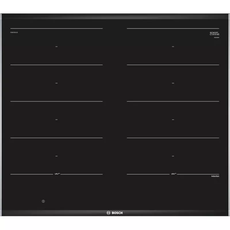 Bosch PXX675DC1E iebūvējamā indukcijas plīts virsma, melns stikls, nerūsējošā tērauda rāmis, 4 zonas