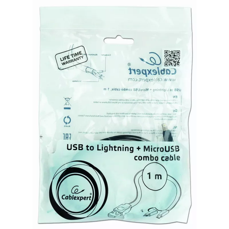 GEMBIRD USB – Apple Lightning un Micro USB uzlādes kombinācijas kabelis 1m – Melns