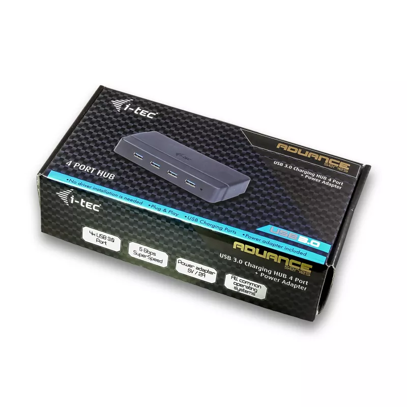 i-tec USB 3.0 4 portu centrmezgls ar lādēšanu un barošanas adapteri, USB 3.2 Gen 1 Type-B