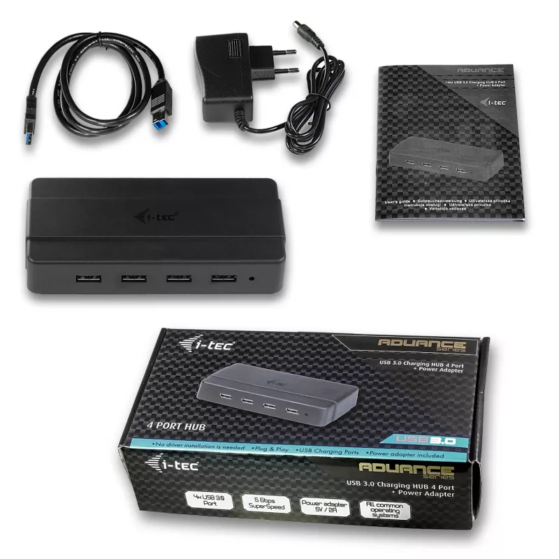 i-tec USB 3.0 4 portu centrmezgls ar lādēšanu un barošanas adapteri, USB 3.2 Gen 1 Type-B