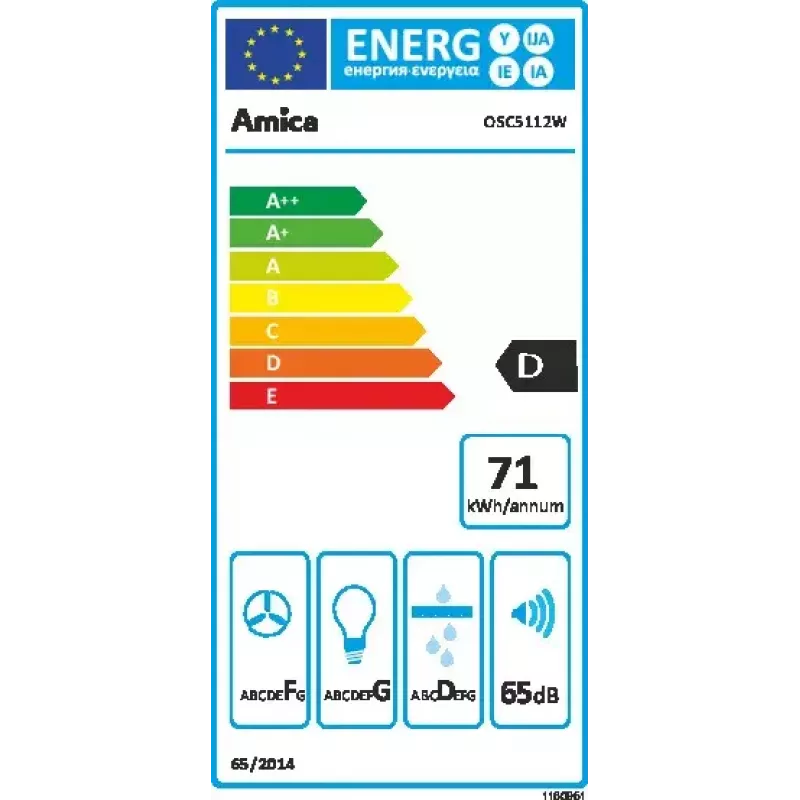 Tvaika nosūcējs Amica OSC5112W, balts, alumīnija filtrs, 65 dB