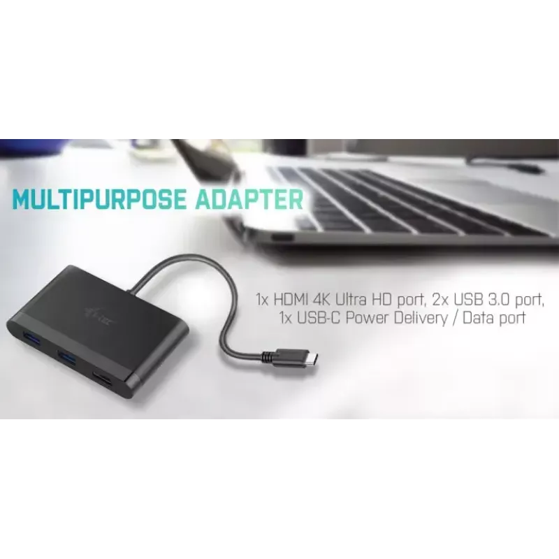 USB-C uz HDMI ceļojumu adapteris ITEC i-tec USB C HDMI Travel Adapter PD/Data — Melns, Chipset RTS5403/RTS5404/RTS5411/PS176, 90×58×14 mm