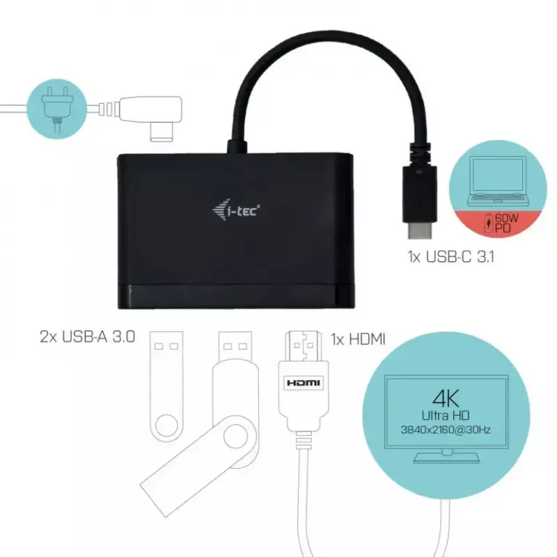 USB-C uz HDMI ceļojumu adapteris ITEC i-tec USB C HDMI Travel Adapter PD/Data — Melns, Chipset RTS5403/RTS5404/RTS5411/PS176, 90×58×14 mm