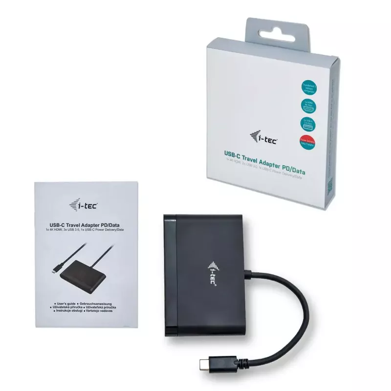 USB-C uz HDMI ceļojumu adapteris ITEC i-tec USB C HDMI Travel Adapter PD/Data — Melns, Chipset RTS5403/RTS5404/RTS5411/PS176, 90×58×14 mm