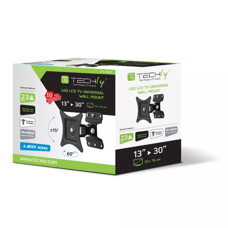 Techly ICA-LCD 201BK sienas kronšteins 13-30 collu LED LCD televizoriem, pilna kustība