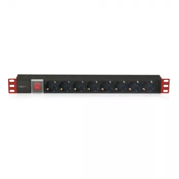 Techly I-CASE STRIP-81UD strāvas sadalītājs (PDU) 8 kontaktligzdas 1U Melns, Sarkans