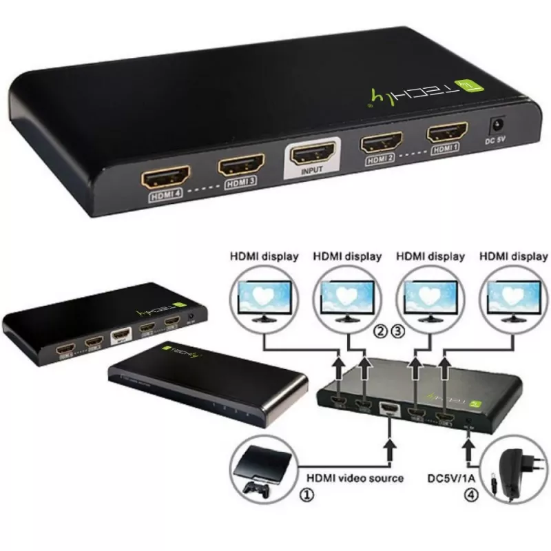 Techly IDATA HDMI-4K4 HDMI sadalītājs 1x4, 4K x 2K (3840 x 2160), 3D, 36 bitu, melns