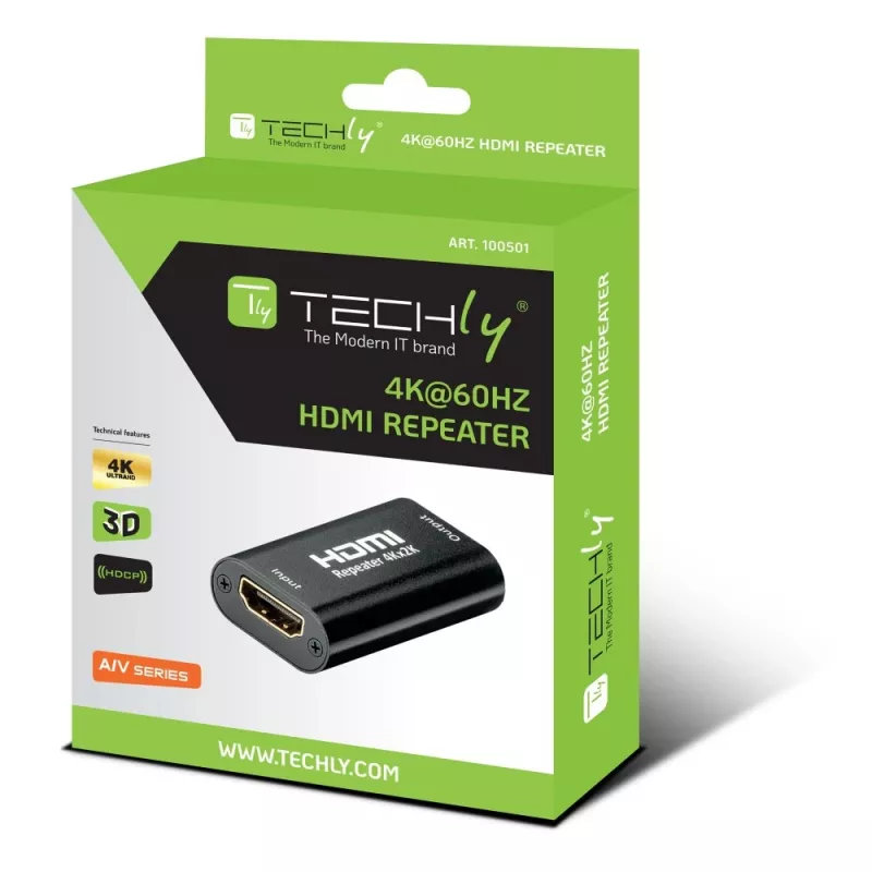 AV atkārtotājs TECHLY IDATA-HDMI2-RIP4KT — HDMI 2.0, HDCP 2.2, 4096×2160, maksimālais attālums 40 m, melns