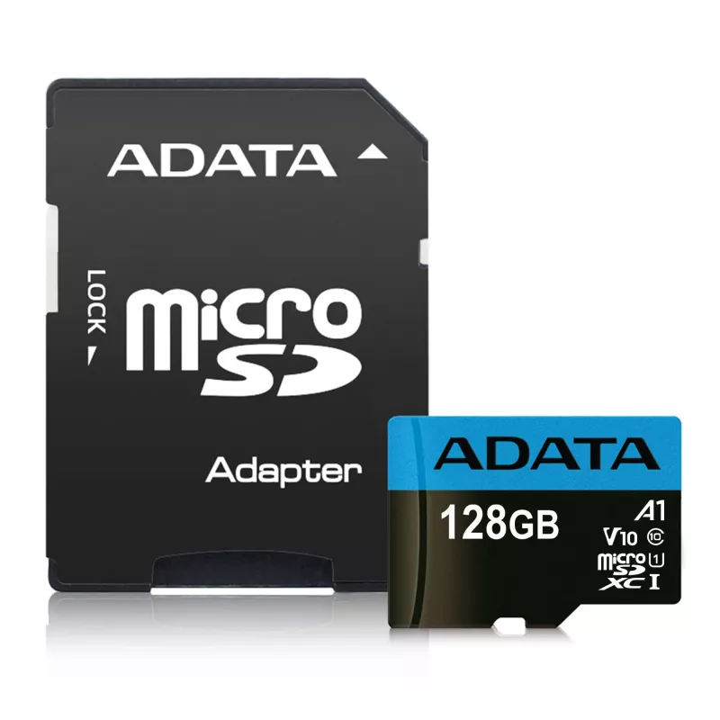 ADATA 128 GB MicroSDXC UHS-I Class 10 atmiņas karte — 85 MB/s lasīšana, 25 MB/s rakstīšana, ūdensizturīga, ar SD adapteri