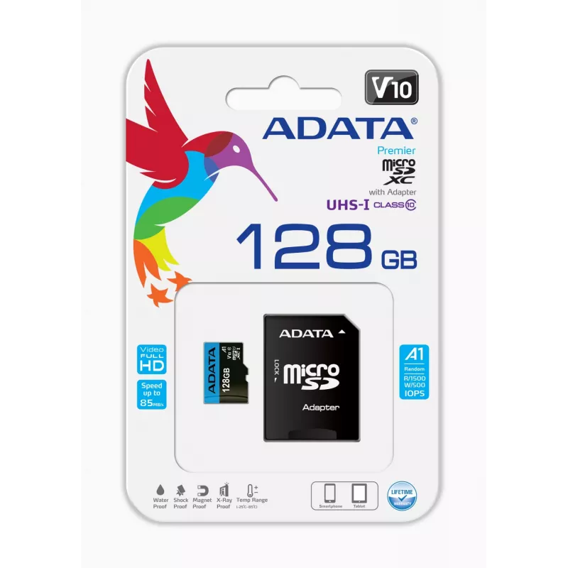ADATA 128 GB MicroSDXC UHS-I Class 10 atmiņas karte — 85 MB/s lasīšana, 25 MB/s rakstīšana, ūdensizturīga, ar SD adapteri