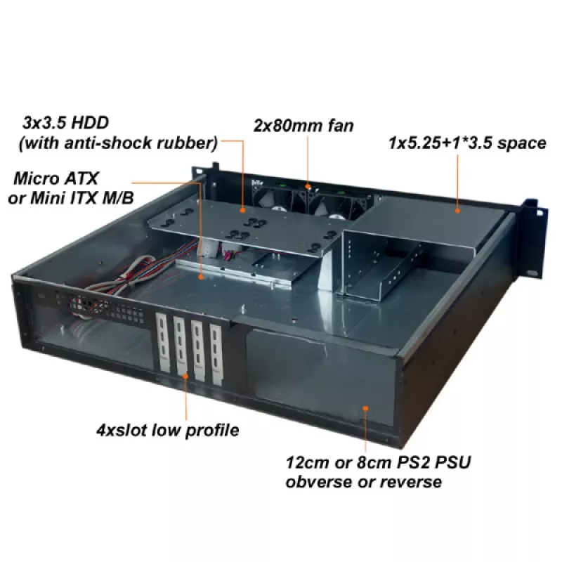 Servera korpuss TECHLY I-CASE IPC-240L, 2U, micro ATX, 4x 3,5 collu sloti, 1x 5,25 collu slots, 465x400x88,8 mm, melns