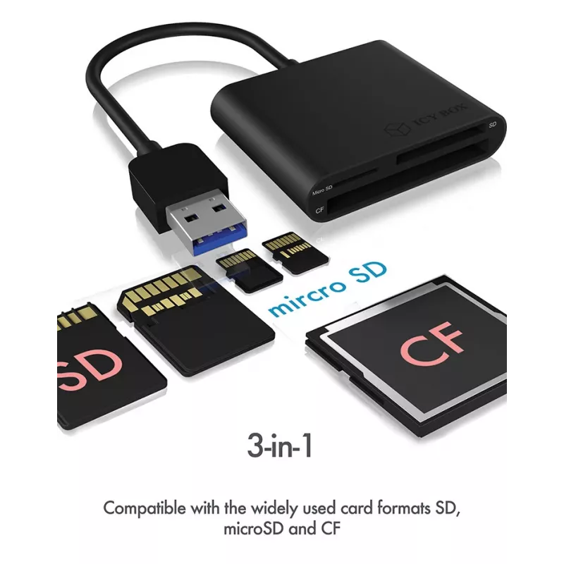 ICY BOX IB-CR301-U3 karšu lasītājs USB 3.2 Gen 1 (3.1 Gen 1) Melns