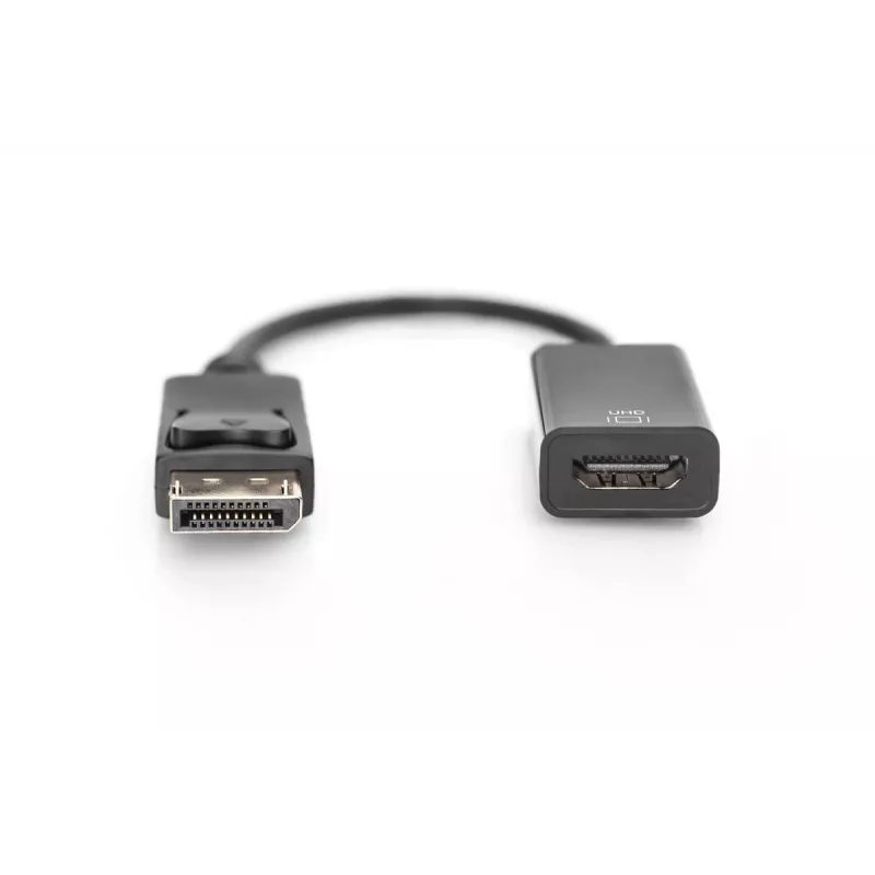 DIGITUS ASSMANN aktīvs DisplayPort-HDMI adaptera kabelis, DP - HDMI A tipa M/F, 20 cm, ar fiksatoru, HDMI 2.0, CE, zeltīti kontakti, melns