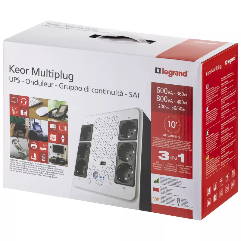 Legrand Keor Multiplug 800 AVR 310084 līnijinteraktīvais UPS, 800 VA / 480 W, 6 FR kontaktligzdas (4+2), USB, RJ-45