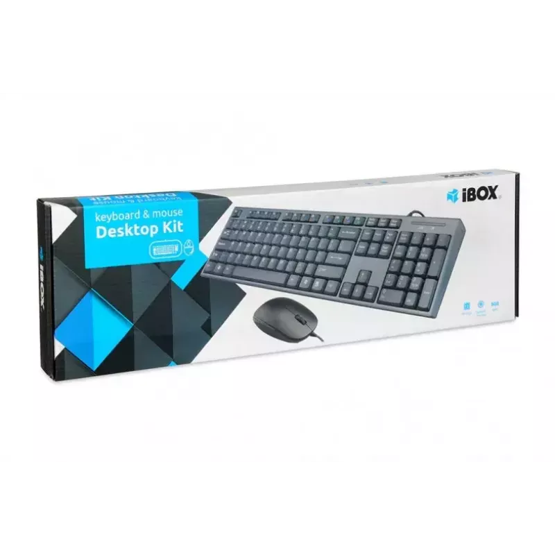 Vadu tastatūras un peles komplekts IBOX IKMS606 — pilnizmēra QWERTY UK angļu tastatūra, USB, melns, pele 800 DPI