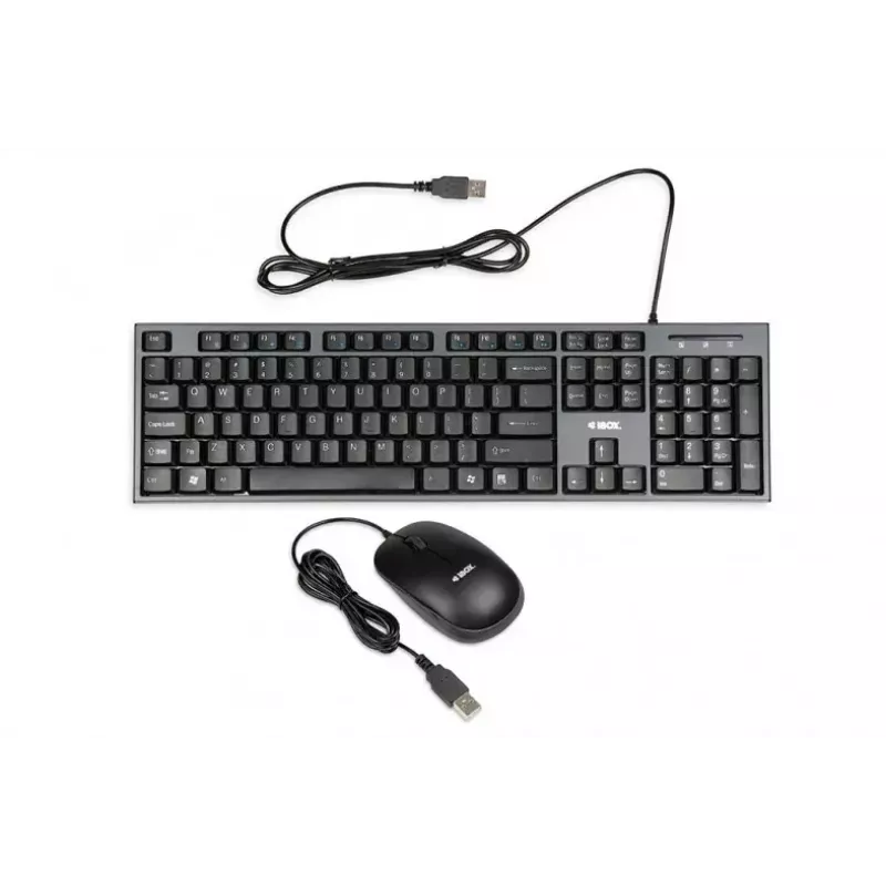 Vadu tastatūras un peles komplekts IBOX IKMS606 — pilnizmēra QWERTY UK angļu tastatūra, USB, melns, pele 800 DPI