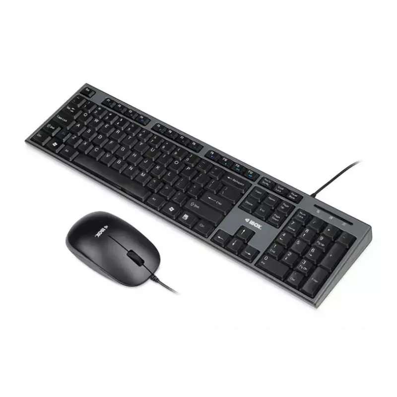 Vadu tastatūras un peles komplekts IBOX IKMS606 — pilnizmēra QWERTY UK angļu tastatūra, USB, melns, pele 800 DPI