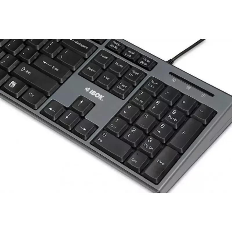 Vadu tastatūras un peles komplekts IBOX IKMS606 — pilnizmēra QWERTY UK angļu tastatūra, USB, melns, pele 800 DPI