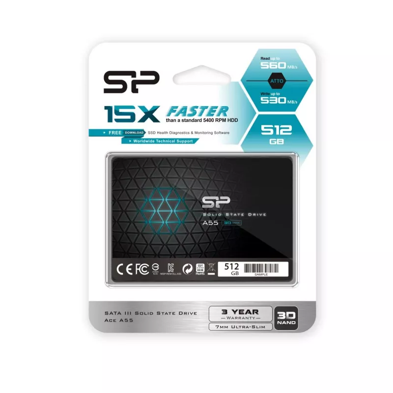 2,5 collu SATA III SSD Silicon Power Ace A55 — 512 GB, 3D TLC, līdz 560/530 MB/s, 7 mm, Melns
