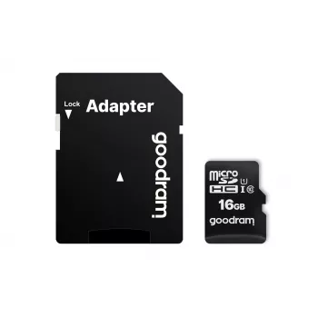 MicroSDHC atmiņas karte GOODRAM 16 GB Class 10 UHS-I (U1), lasīšana 100 MB/s, rakstīšana 10 MB/s, magnētnecaurlaidīga, ar SD adapteri