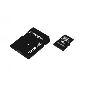 MicroSDHC atmiņas karte GOODRAM 16 GB Class 10 UHS-I (U1), lasīšana 100 MB/s, rakstīšana 10 MB/s, magnētnecaurlaidīga, ar SD adapteri