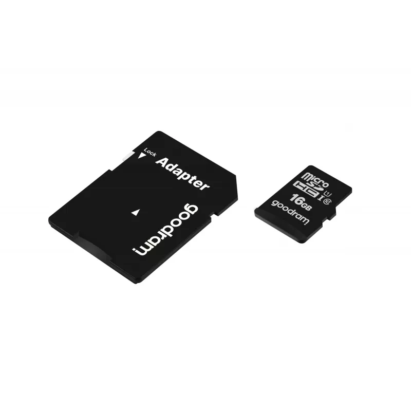 MicroSDHC atmiņas karte GOODRAM 16 GB Class 10 UHS-I (U1), lasīšana 100 MB/s, rakstīšana 10 MB/s, magnētnecaurlaidīga, ar SD adapteri