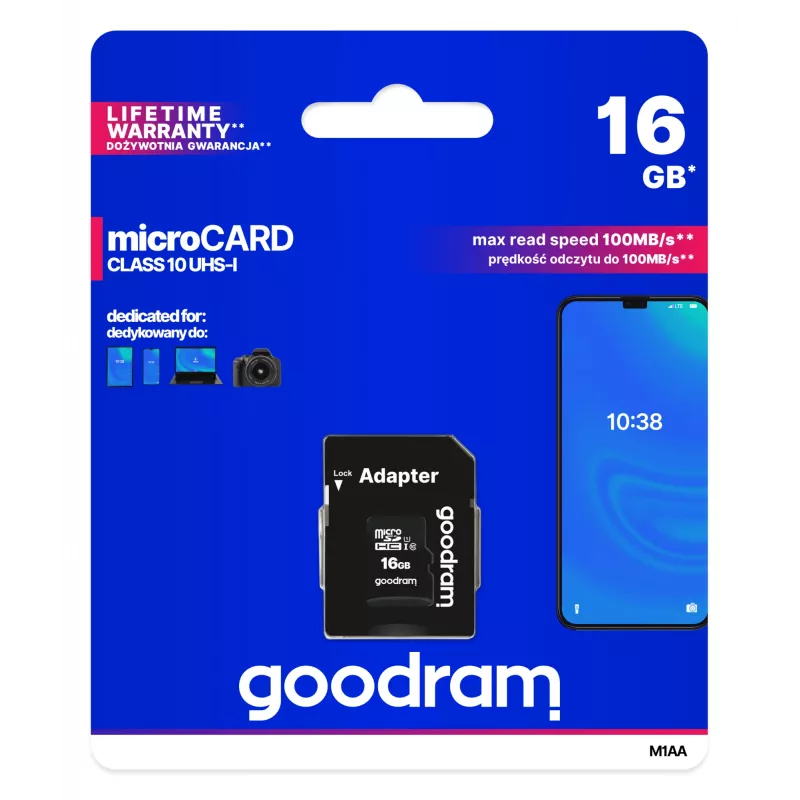 MicroSDHC atmiņas karte GOODRAM 16 GB Class 10 UHS-I (U1), lasīšana 100 MB/s, rakstīšana 10 MB/s, magnētnecaurlaidīga, ar SD adapteri