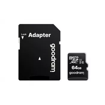 MicroSDXC atmiņas karte GOODRAM 64GB UHS‑I Class 10 (U1), lasīšana 100 MB/s, rakstīšana 10 MB/s, ar SD adapteri, melna