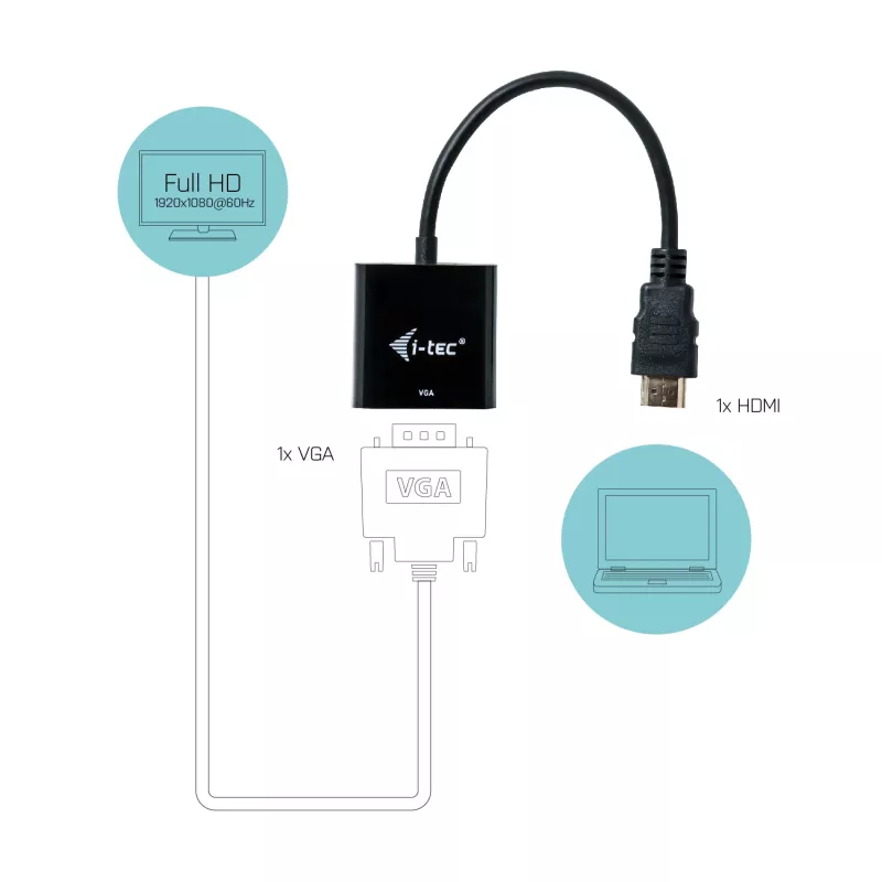i-tec HDMI uz VGA kabeļa adapteris, 0.15 m, HDMI, VGA, vīrietis, sieviete, 1920 x 1080 pikseļi