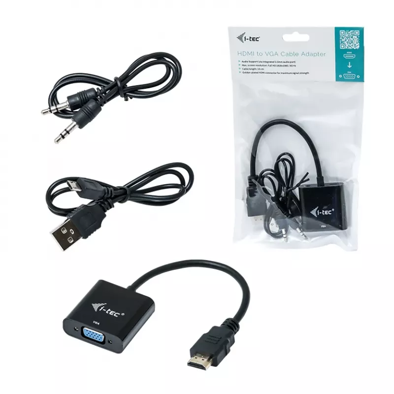 i-tec HDMI uz VGA kabeļa adapteris, 0.15 m, HDMI, VGA, vīrietis, sieviete, 1920 x 1080 pikseļi