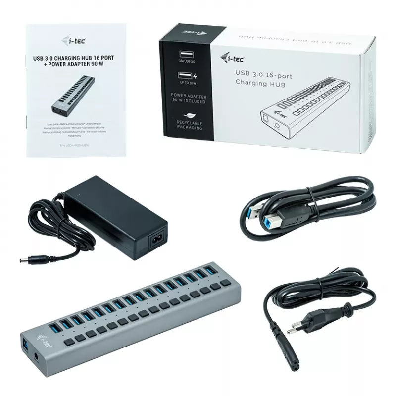 i-tec USB 3.0 16 portu uzlādes centrmezgls + 90 W barošanas adapteris